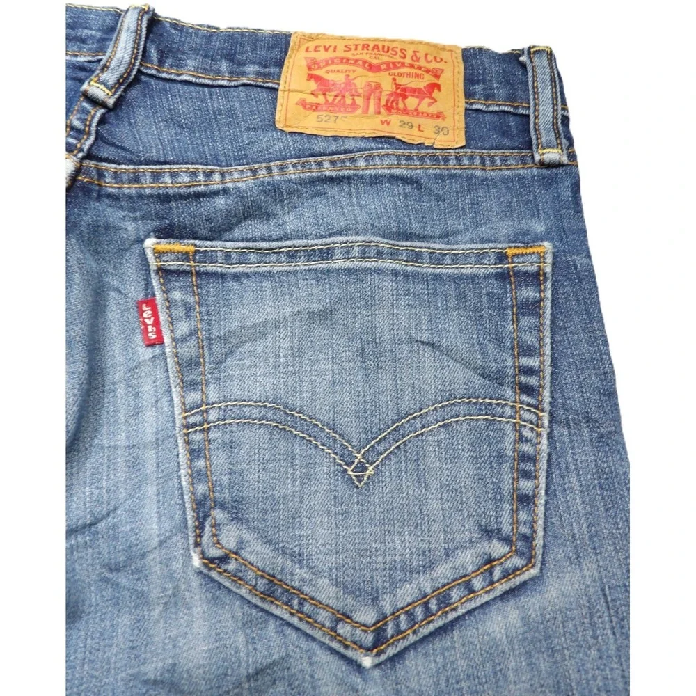 Levis 527 Men Slim Bootcut Jeans Blue Denim Pants W29xL30 Stretch Distressed Hem